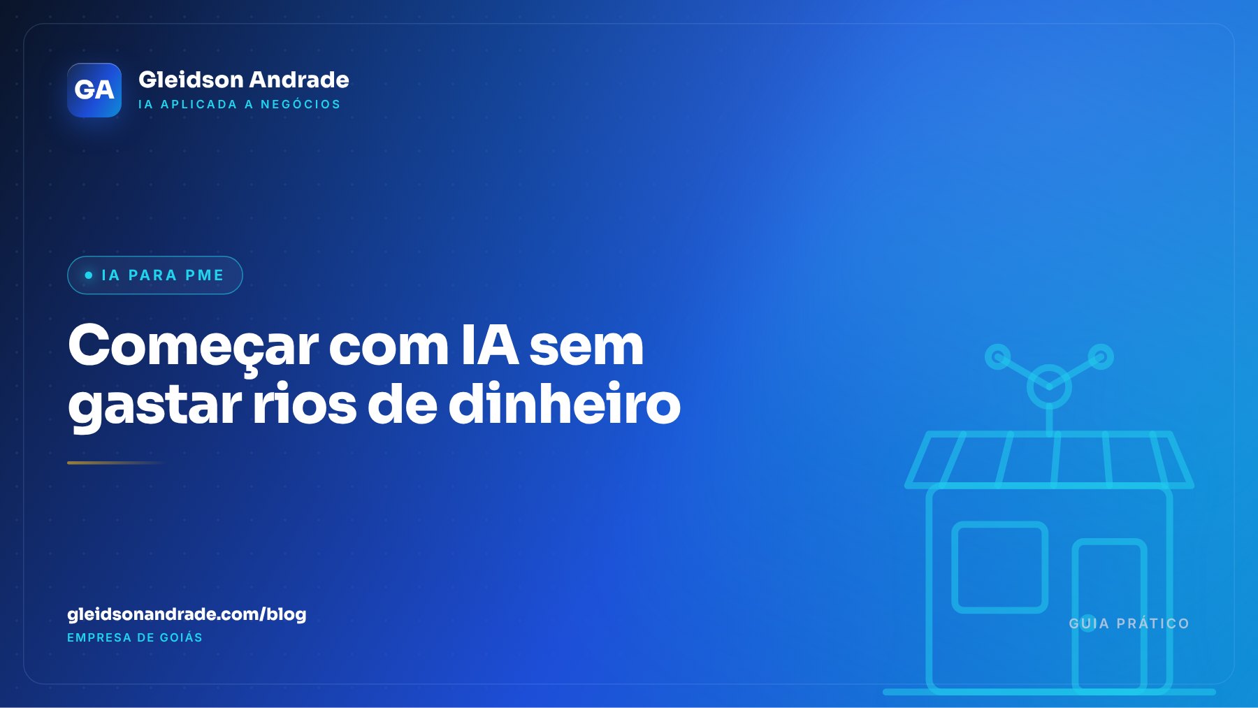 Loja de bairro estilizada com um nó de inteligência artificial nascendo do balcão, no sistema visual azul e ciano de Gleidson Andrade